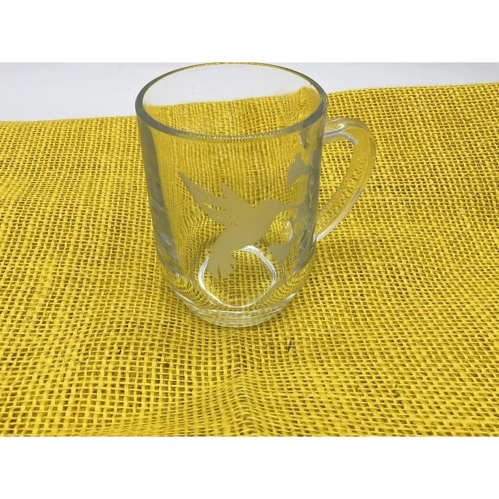 Clear Etched Hummingbird Beer Mug Glass France Handle Barware Decor